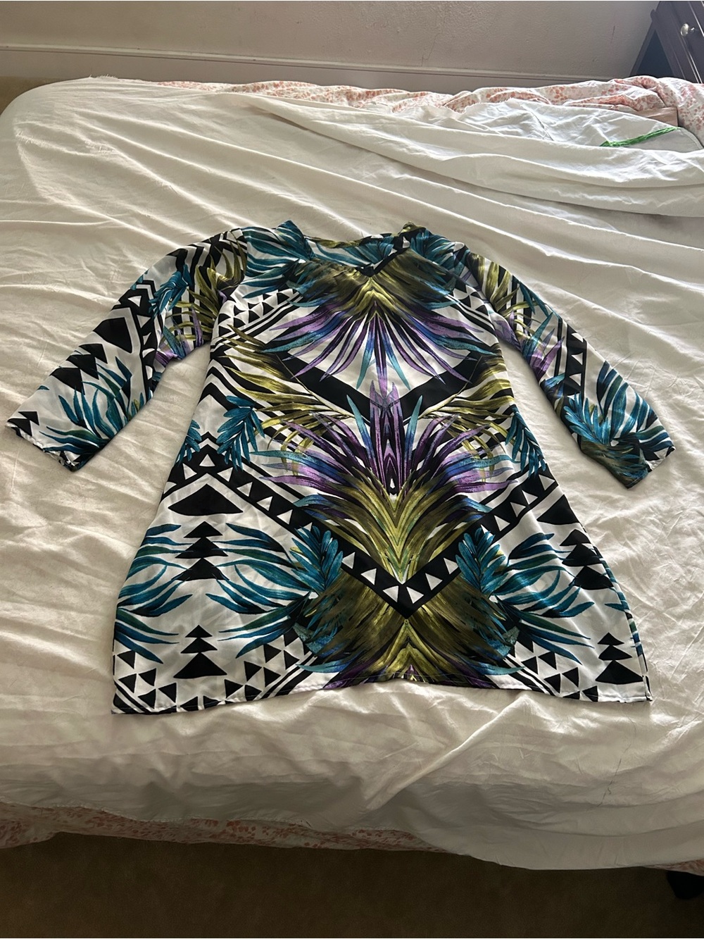 Abstract Palm-Print Three-Quarter Sleeve Women’s Dress - Teal/Olive/Purple